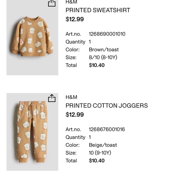 H&M Brown Toast Print Kids Sweatshirt and Jogger Set - Picture 3 of 3